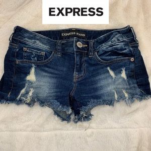 Express Low Rise Dark Destroyed Denim Shorts
